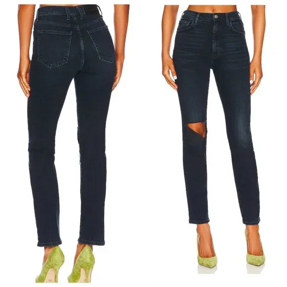 NWT 7 For All Mankind Easy Slim Dark Distressed  with Open Knee Jeans,  Size 28 - Picture 8 of 13